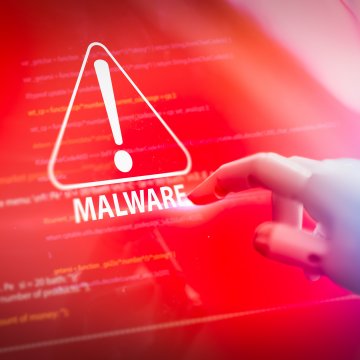 different types of malware finger pointing at malware alert sign on red background